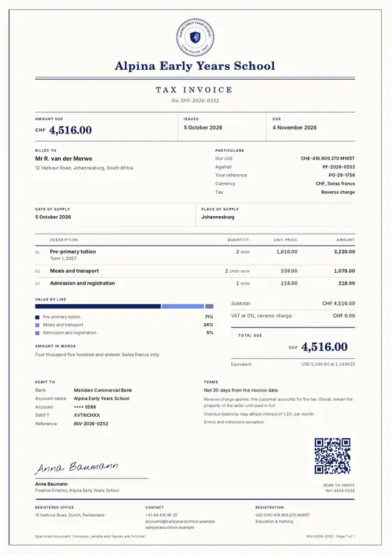Invoices, Nursery and pre-primary school: finished specimen shown whole