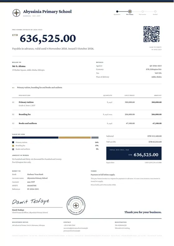 Invoices, Primary school: finished specimen shown whole