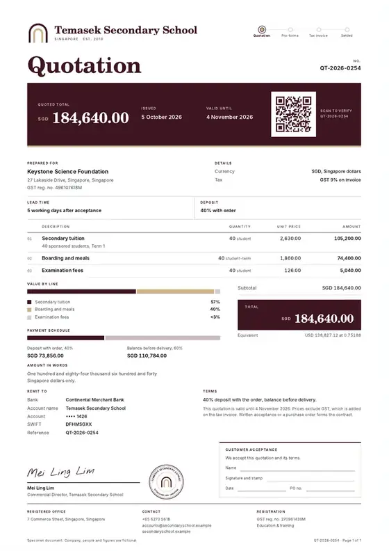 Invoices, Secondary school: finished specimen shown whole