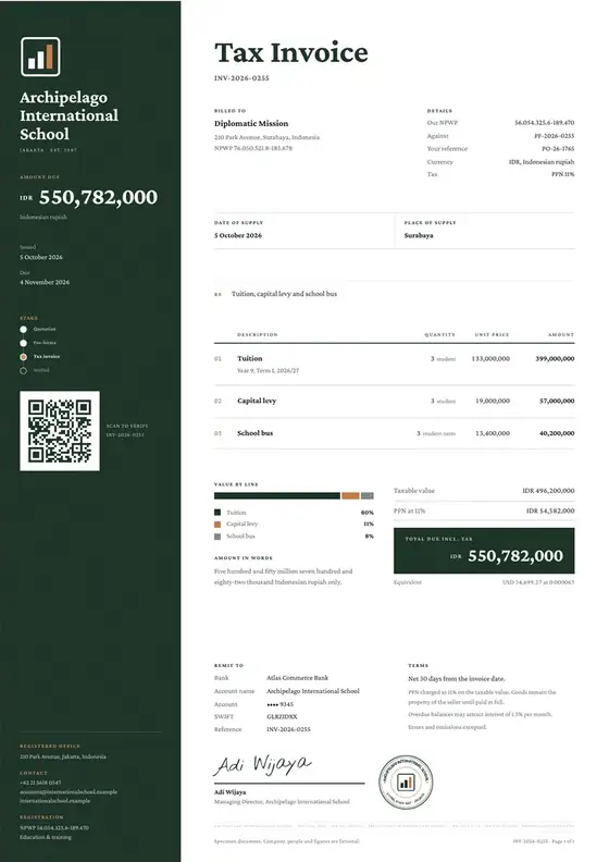 Invoices, International school: finished specimen shown whole