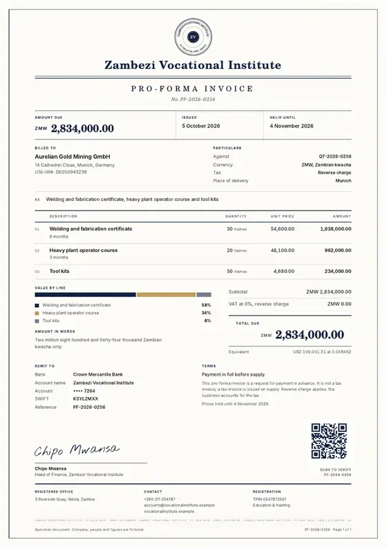 Invoices, Vocational training centre: finished specimen shown whole