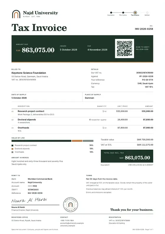 Invoices, University: finished specimen shown whole