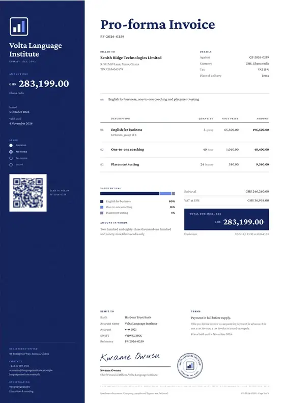 Invoices, Language school: finished specimen shown whole