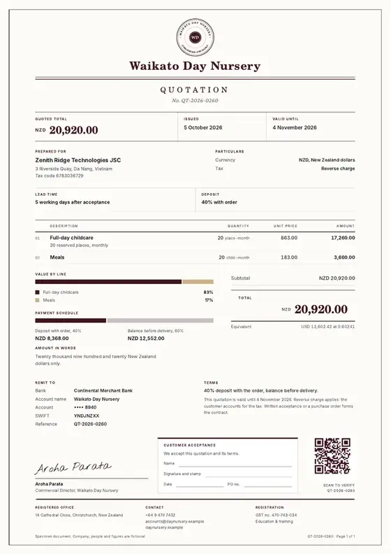 Invoices, Daycare centre: finished specimen shown whole