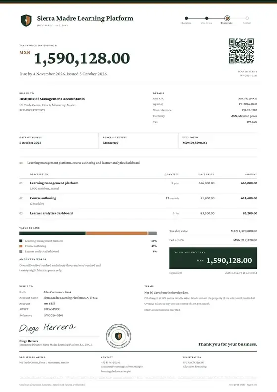 Invoices, Online learning platform: finished specimen shown whole