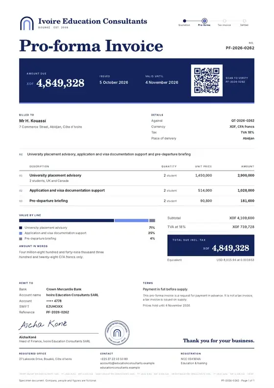 Invoices, Education consultancy and student placement: finished specimen shown whole