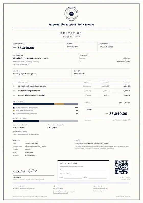 Invoices, Business consultancy: finished specimen shown whole