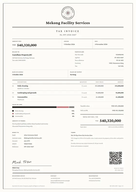 Invoices, Cleaning and facility management: finished specimen shown whole