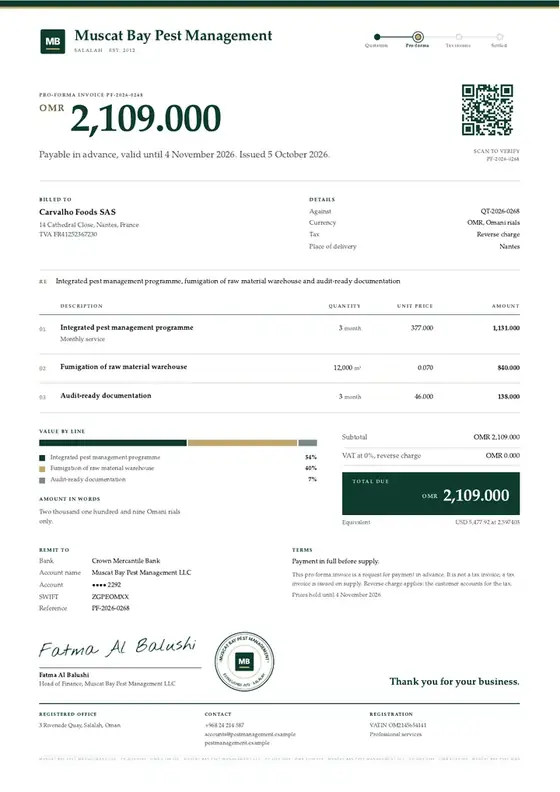 Invoices: Pest control and fumigation