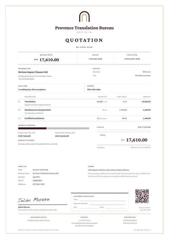 Invoices, Translation and interpretation: finished specimen shown whole