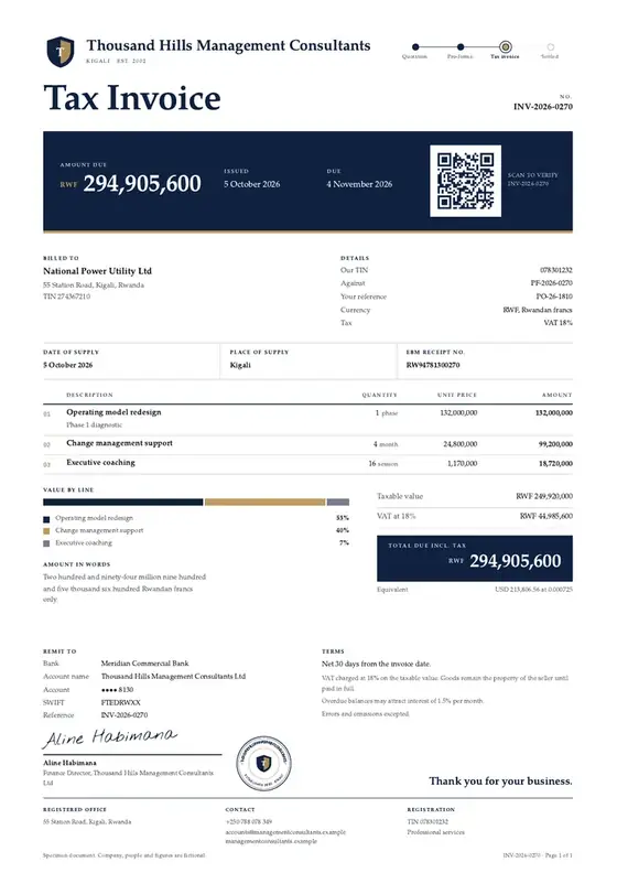 Invoices, Management consultancy: finished specimen shown whole