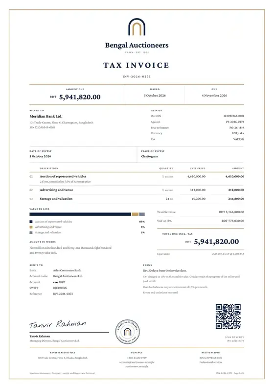 Invoices, Auctioneering and court brokers: finished specimen shown whole