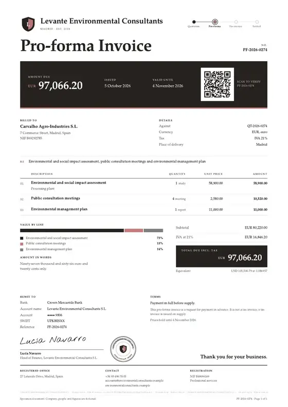 Invoices, Environmental consultancy (EIA experts): finished specimen shown whole