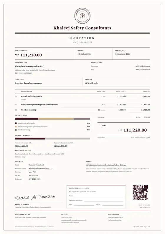 Invoices, Occupational health and safety consultancy: finished specimen shown whole