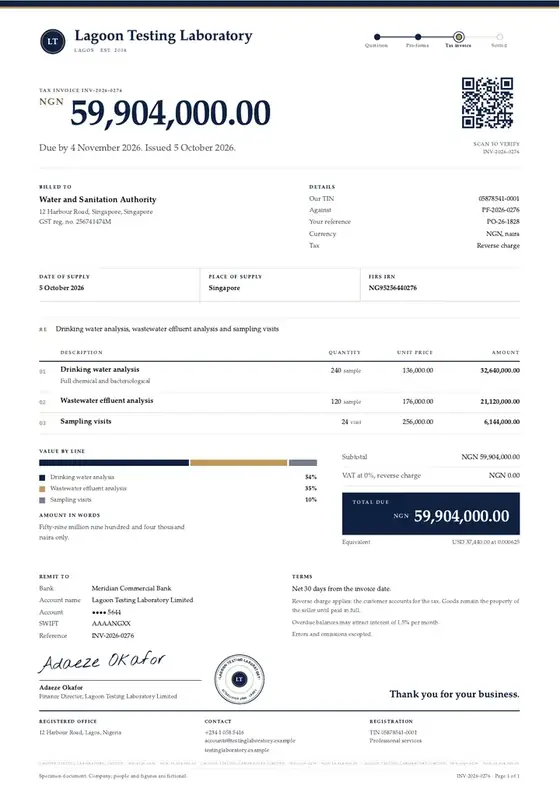Invoices, Laboratory testing services: finished specimen shown whole