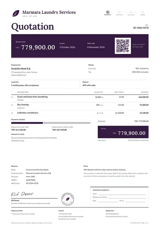 Invoices, Laundry and dry cleaning: finished specimen shown whole