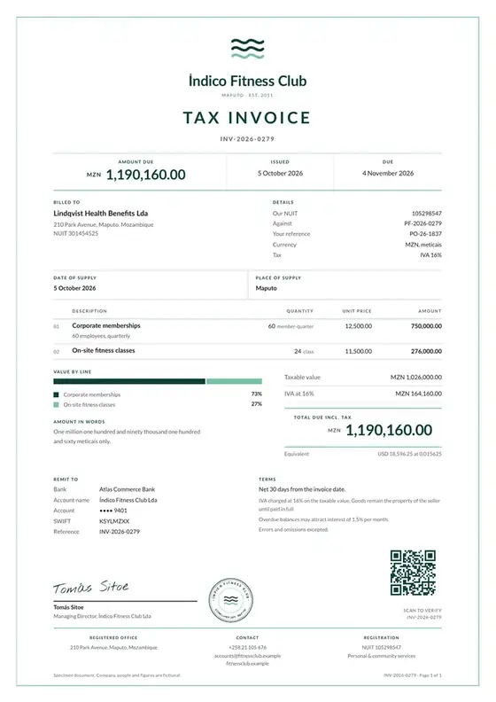Invoices, Fitness gym: finished specimen shown whole