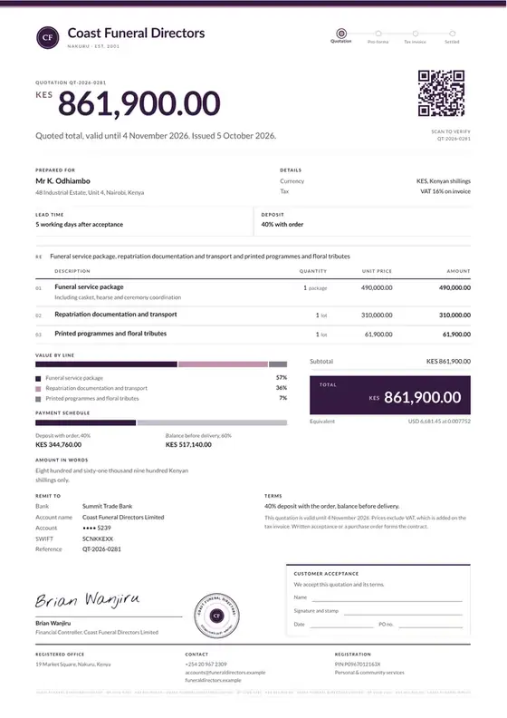 Invoices, Funeral services: finished specimen shown whole