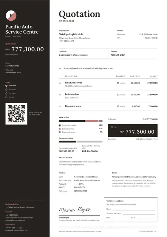 Invoices, Motor vehicle garage and repair: finished specimen shown whole