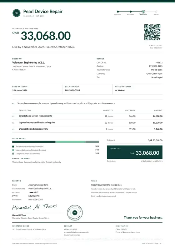 Invoices, Phone and electronics repair: finished specimen shown whole