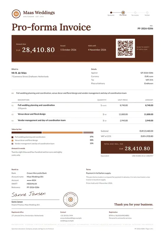 Invoices, Wedding planning: finished specimen shown whole