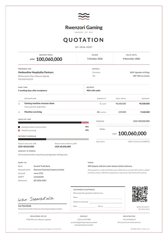 Invoices, Gaming and betting: finished specimen shown whole