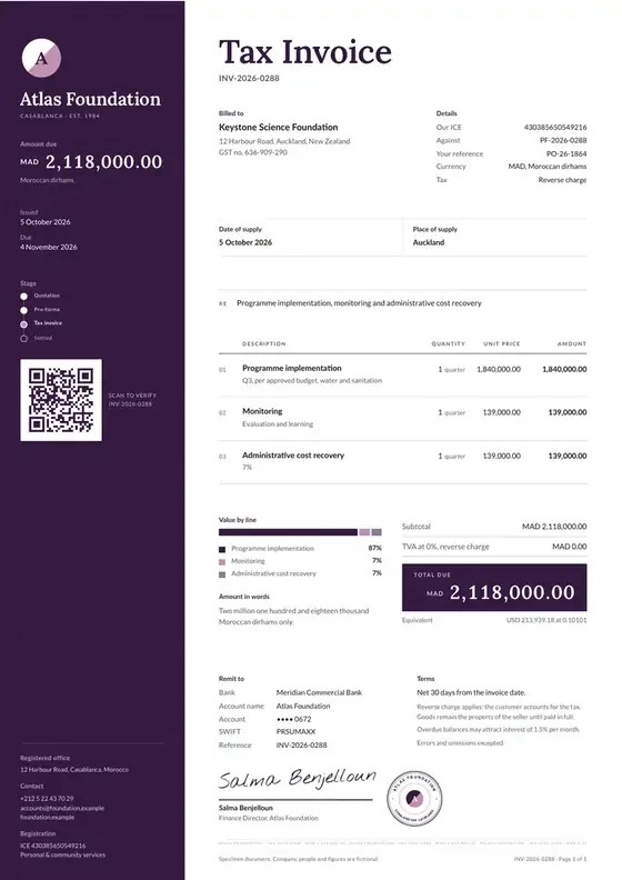 Invoices, NGO and charitable organisation: finished specimen shown whole
