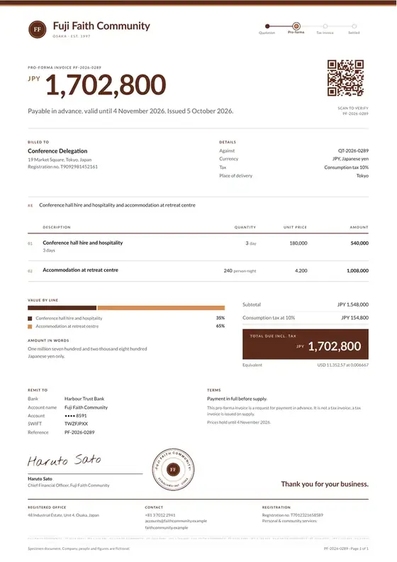 Invoices, Faith-based organisation: finished specimen shown whole