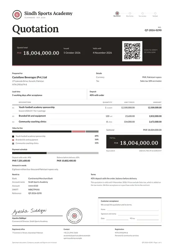 Invoices, Sports academy and club: finished specimen shown whole