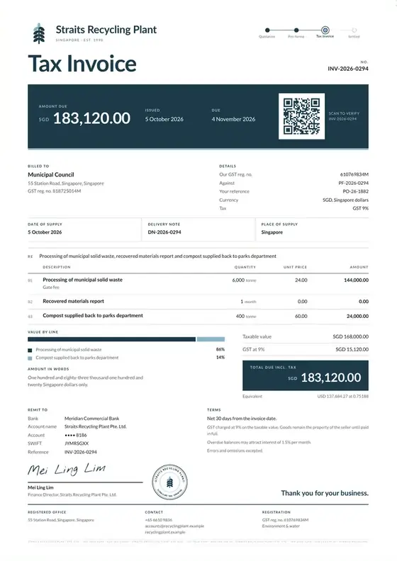 Invoices, Solid waste recycling plant: finished specimen shown whole