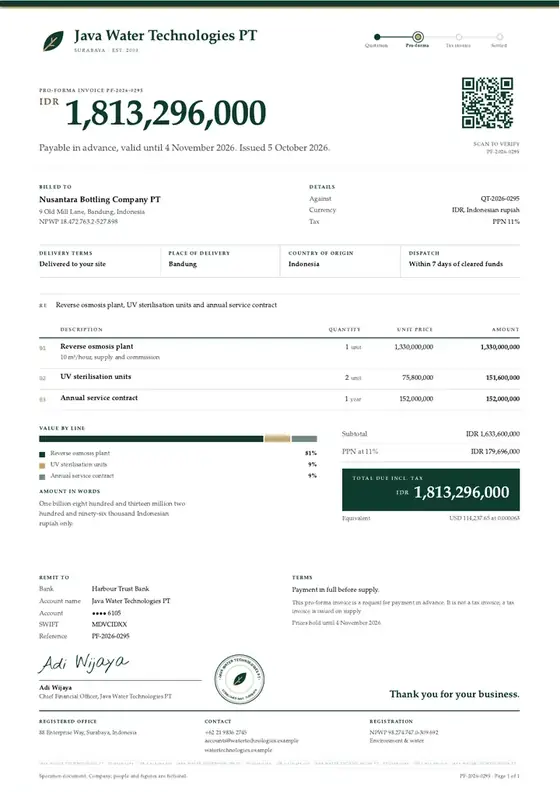 Invoices, Water treatment equipment supply: finished specimen shown whole