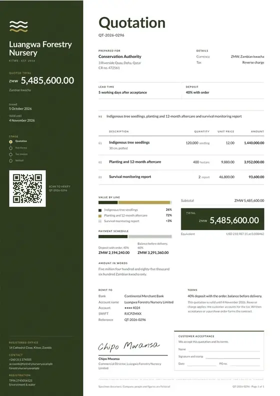 Invoices, Tree nursery and reforestation: finished specimen shown whole
