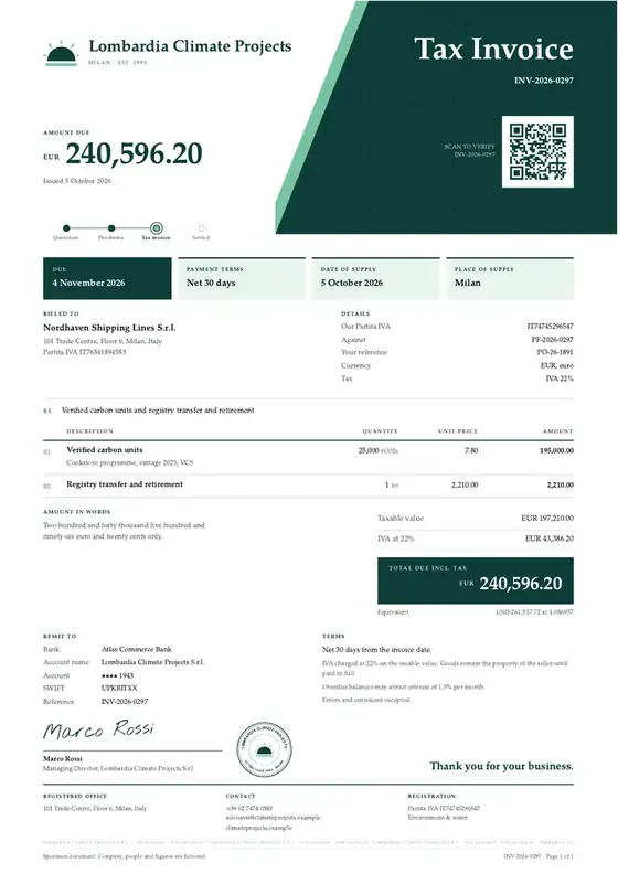 Invoices, Carbon credit project: finished specimen shown whole
