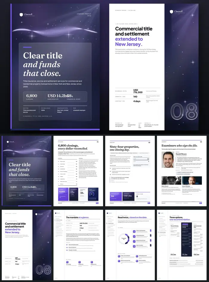 Investor documents, Closewell Title and Escrow: finished specimen shown whole