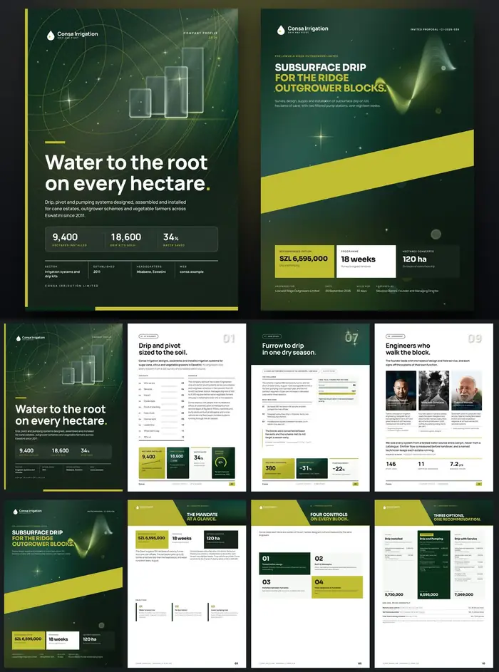Investor documents, Consa Irrigation: finished specimen shown whole