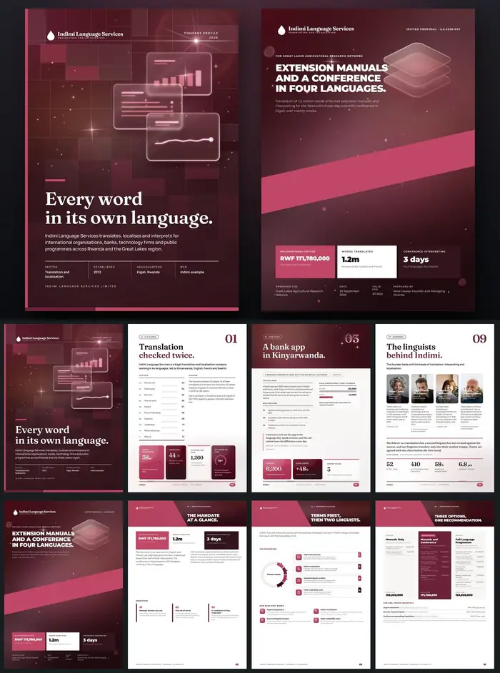 Investor documents, Indimi Language Services: finished specimen shown whole