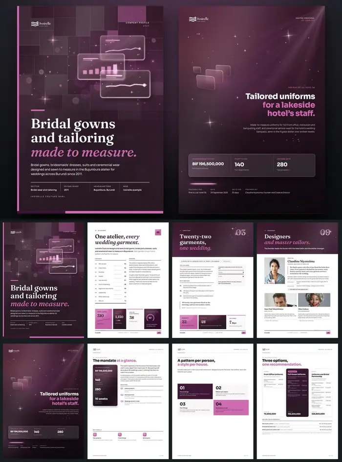 Investor documents, Ivoirelle Couture: finished specimen shown whole