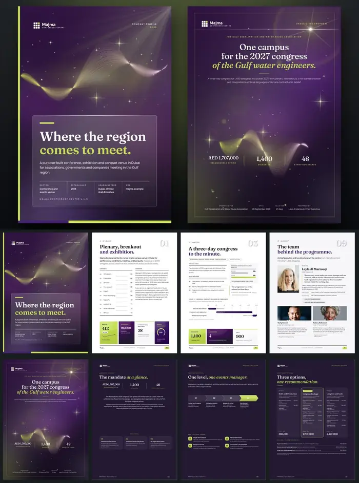 Investor documents, Majma Conference Centre: finished specimen shown whole