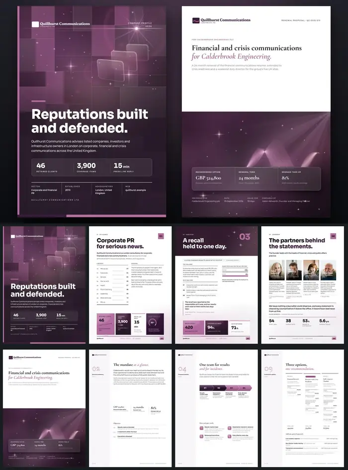 Investor documents, Quillhurst Communications: finished specimen shown whole