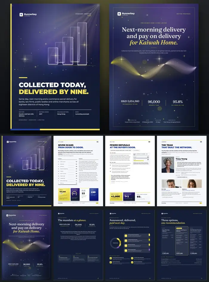 Investor documents, Runnerbay Couriers: finished specimen shown whole