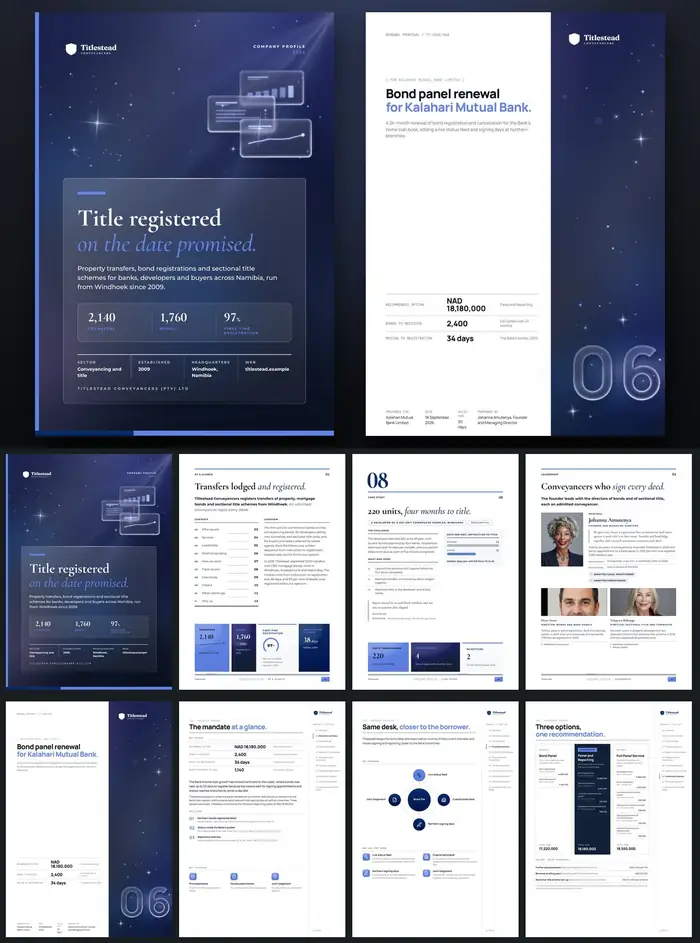 Investor documents, Titlestead Conveyancers: finished specimen shown whole