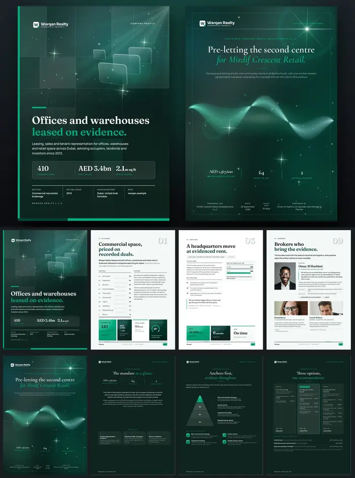 Investor documents, Warqan Realty: finished specimen shown whole