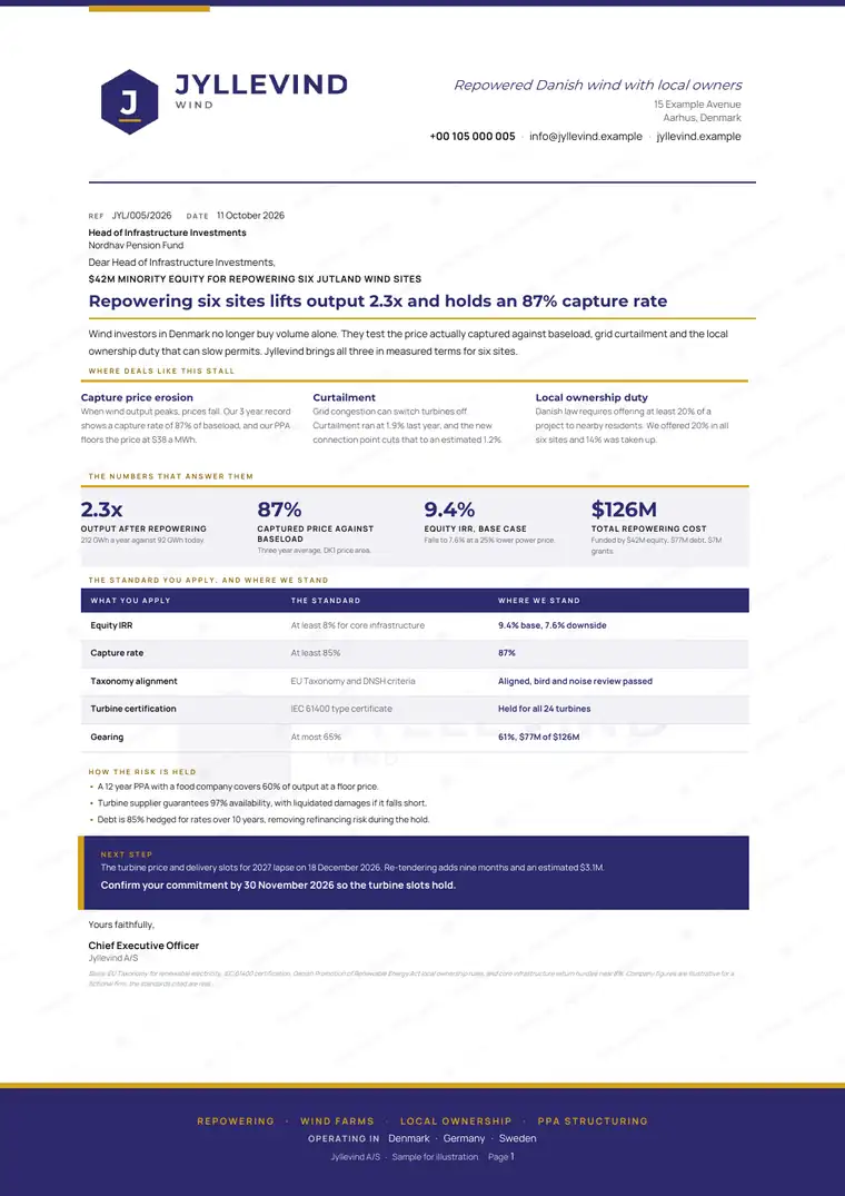 Letters, Onshore wind developer: finished specimen shown whole