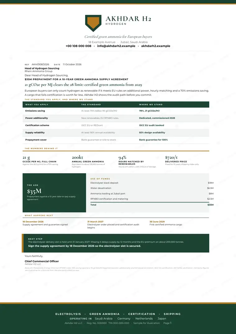 Letters, Green hydrogen producer: finished specimen shown whole