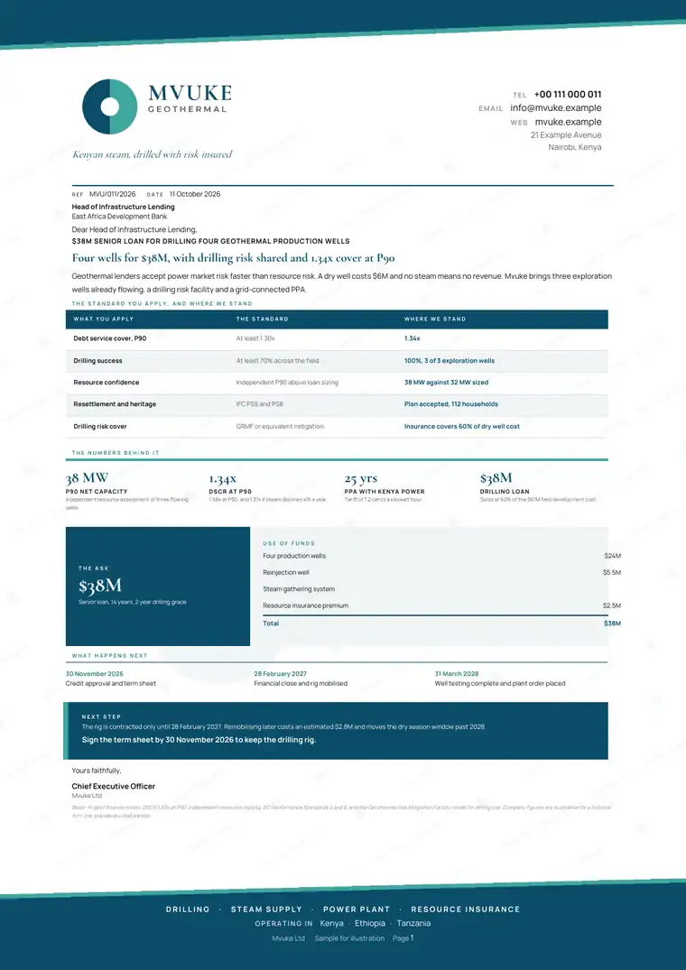 Letters, Geothermal power developer: finished specimen shown whole