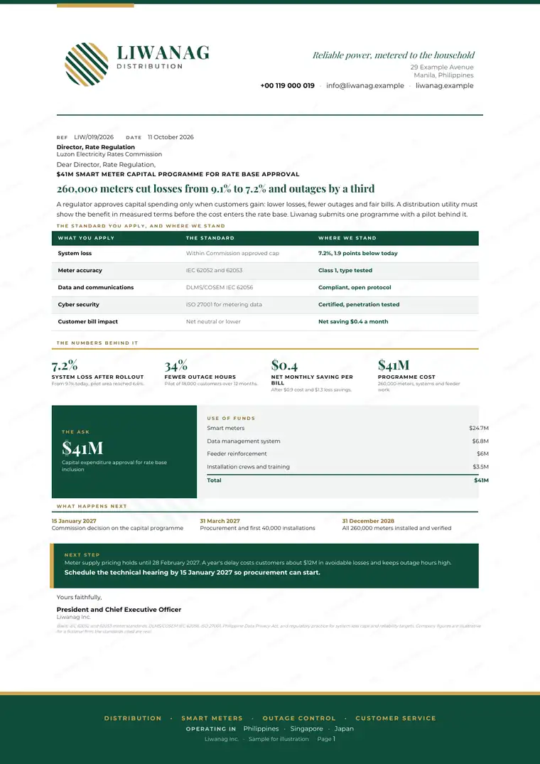 Letters, Power distribution and metering: finished specimen shown whole