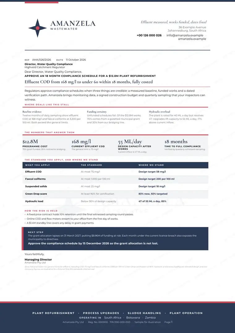 Letters, Wastewater treatment contractor: finished specimen shown whole