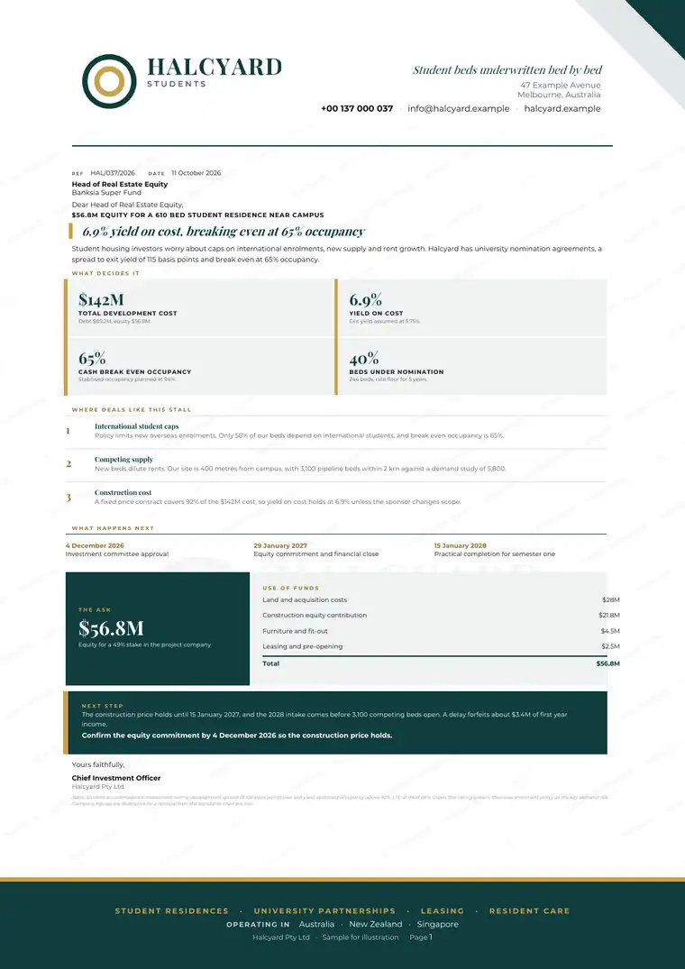 Letters, Student housing operator: finished specimen shown whole
