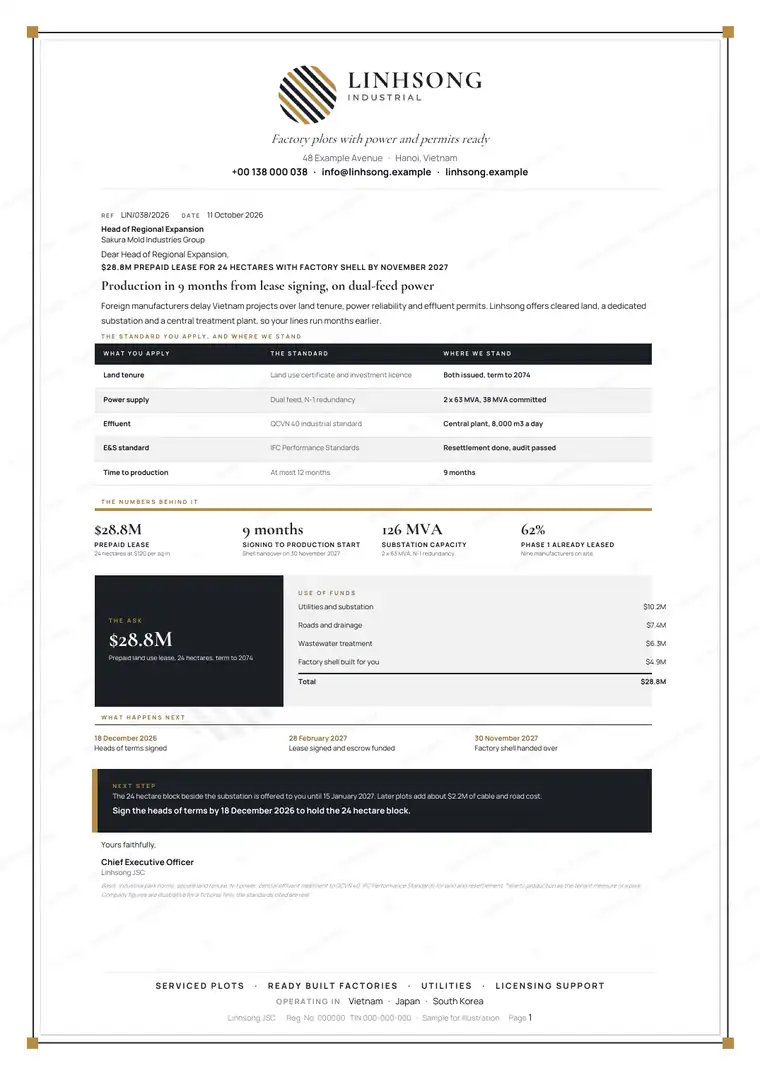 Letters, Industrial park developer: finished specimen shown whole