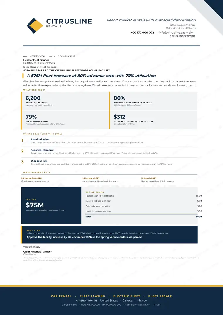 Letters, Car rental and fleet leasing: finished specimen shown whole